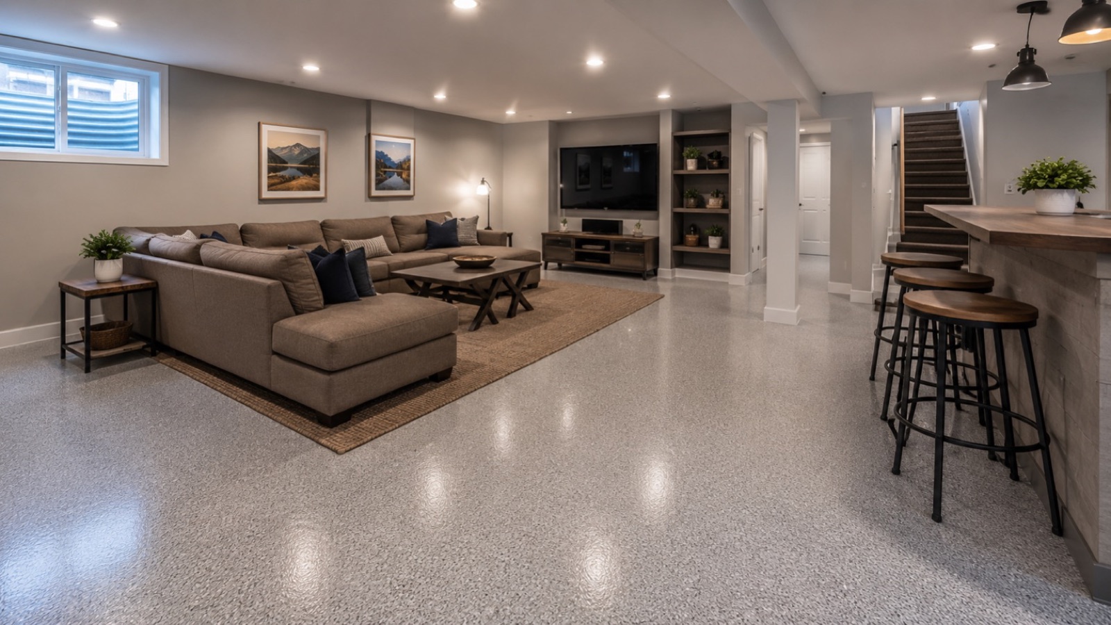 Finished basement rec room with light gray epoxy floor coating in Boulder CO
