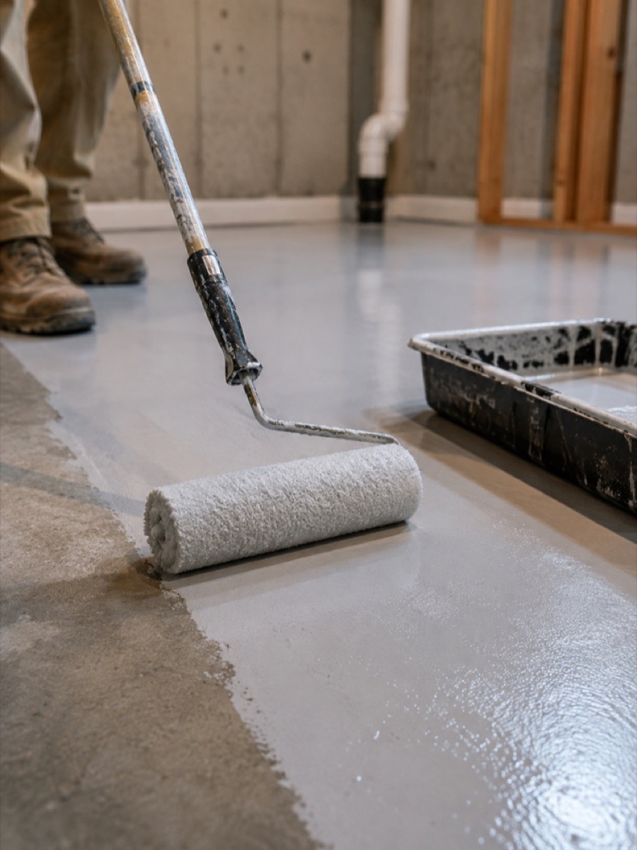 Moisture-mitigating primer being rolled onto a basement concrete slab before epoxy coating