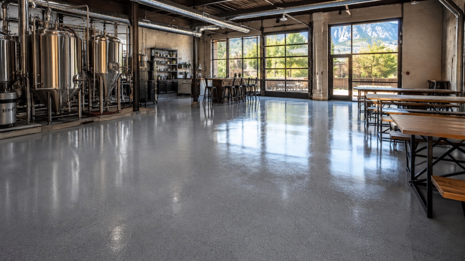 Commercial epoxy floor in a Boulder CO brewery or light-industrial shop space