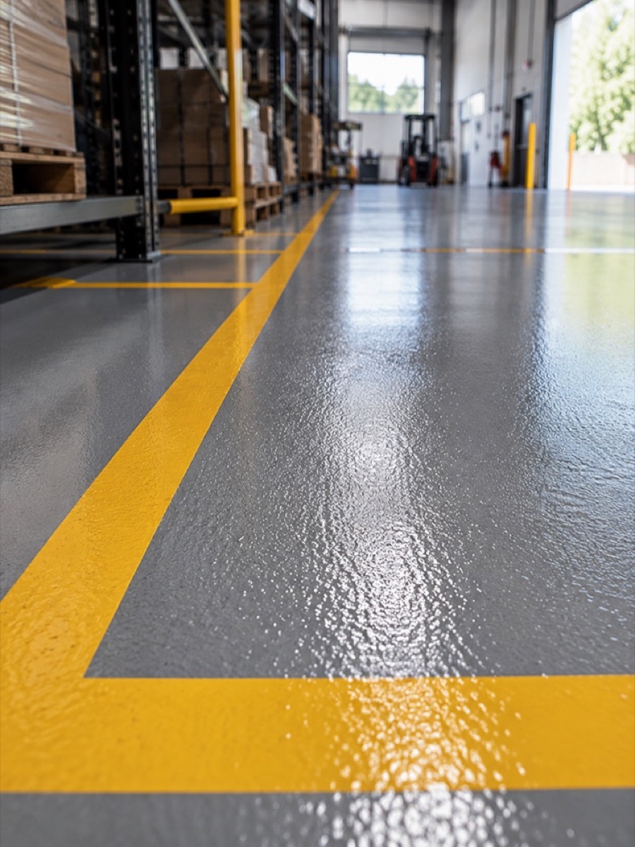 Commercial-grade epoxy floor with yellow safety line striping in a Boulder warehouse