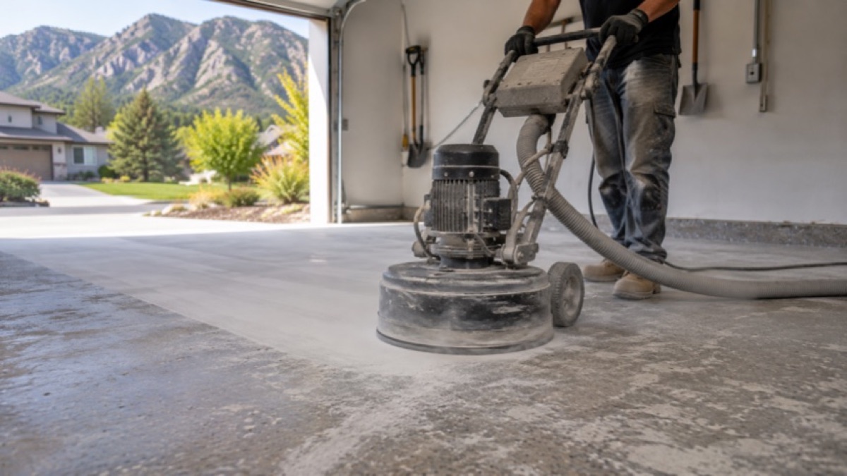 Diamond grinder prepping a garage concrete slab before epoxy coating in Boulder CO