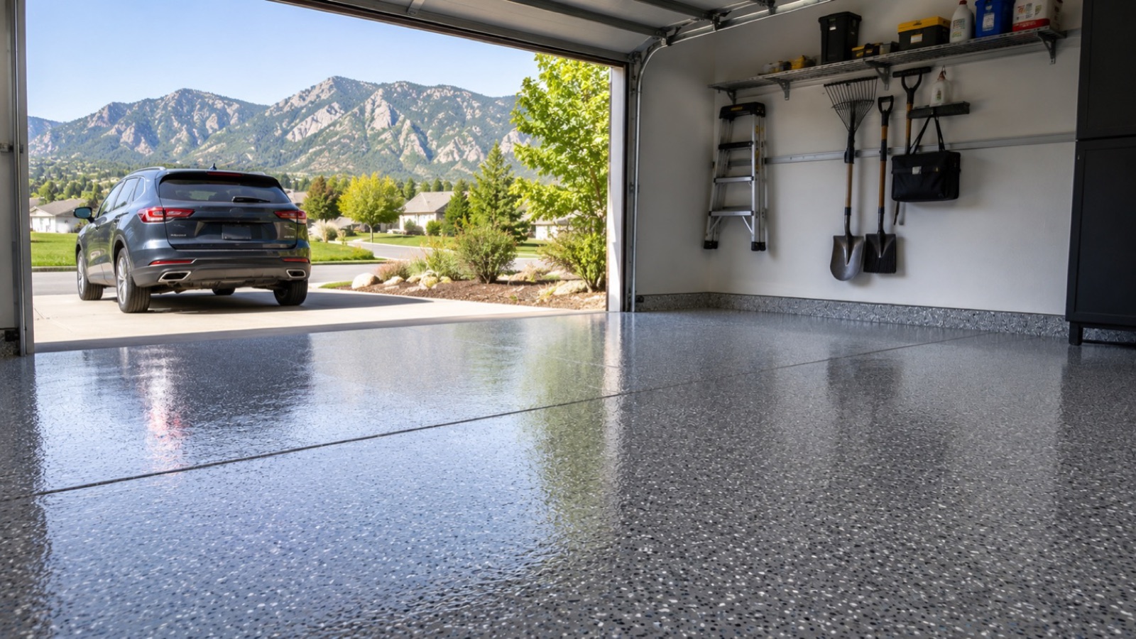 Freshly coated garage floor with glossy gray flake epoxy finish, Boulder CO