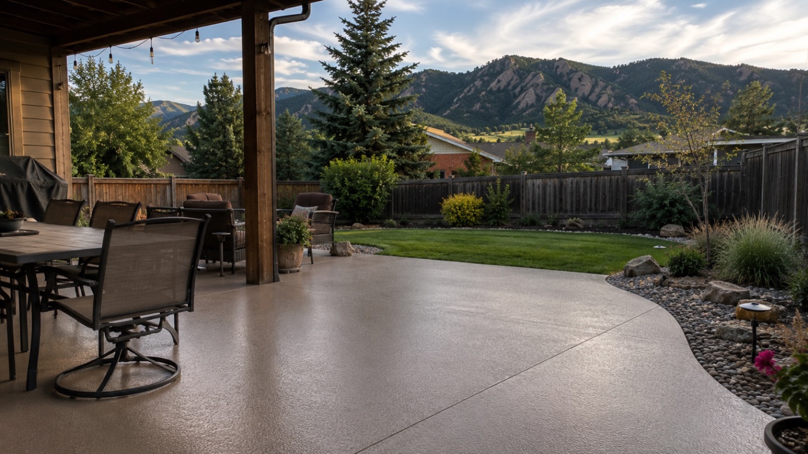 Outdoor patio with polyaspartic concrete coating in a Boulder CO backyard with mountain view