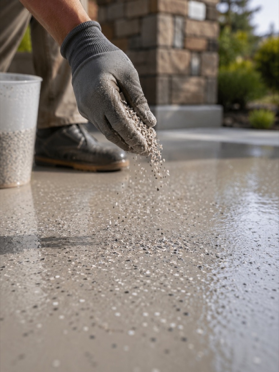 Texture additive being broadcast into a polyaspartic patio coating for slip resistance